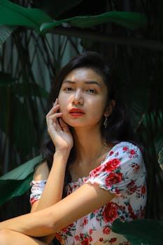 郁郁葱葱的绿色植物中，一位美丽的女人穿着花卉连衣裙，在自然光下被拍摄