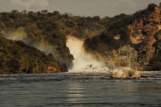 A majestic waterfall cascading through a lush, forested landscape during daylight.