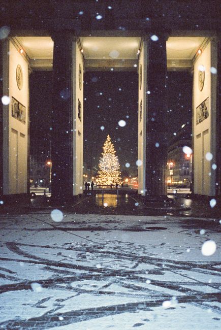 Snow falls around a lit Christmas tree framed by the iconic Brandenburg Gate in Berlin.