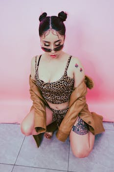 Stylish woman in leopard print and trench coat poses in a modern setting. Chic and edgy fashion vibe.