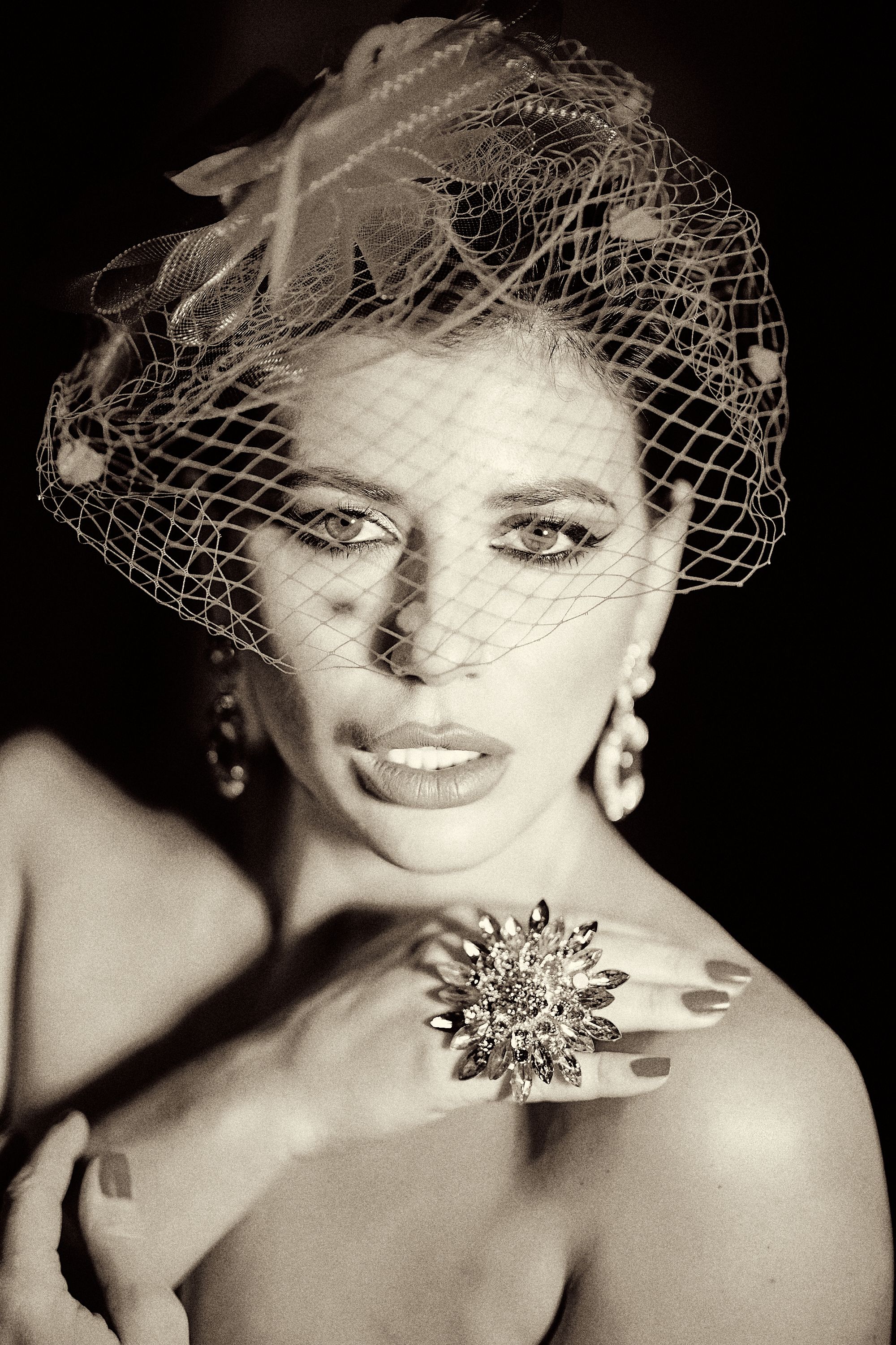 Elegant Vintage Portrait of a Woman in Fishnet Hat · Free Stock Photo