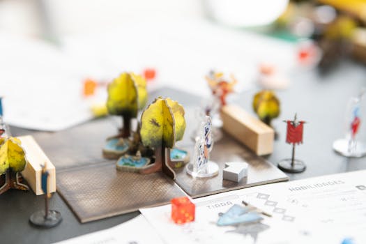 Detailed setup of a tabletop role-playing game with miniature figures and dice in San José, Costa Rica.