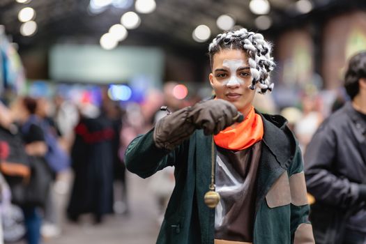 Close-up of a cosplayer at an anime convention in San José, showcasing detailed costume artistry.