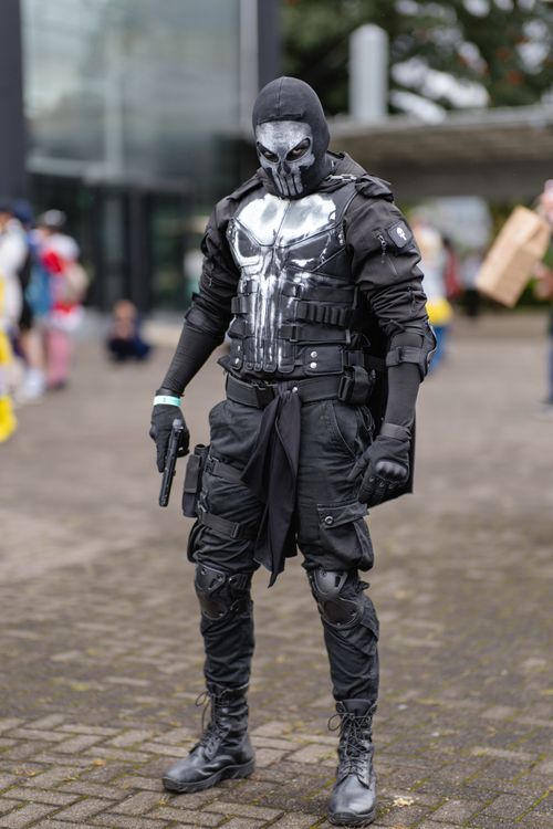 Free Cosplayer in detailed armored costume outdoors at San José convention, Costa Rica. Stock Photo