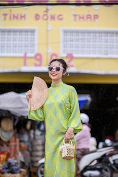 Smiling woman in traditional dress holding a fan at a market, evoking cultural charm.