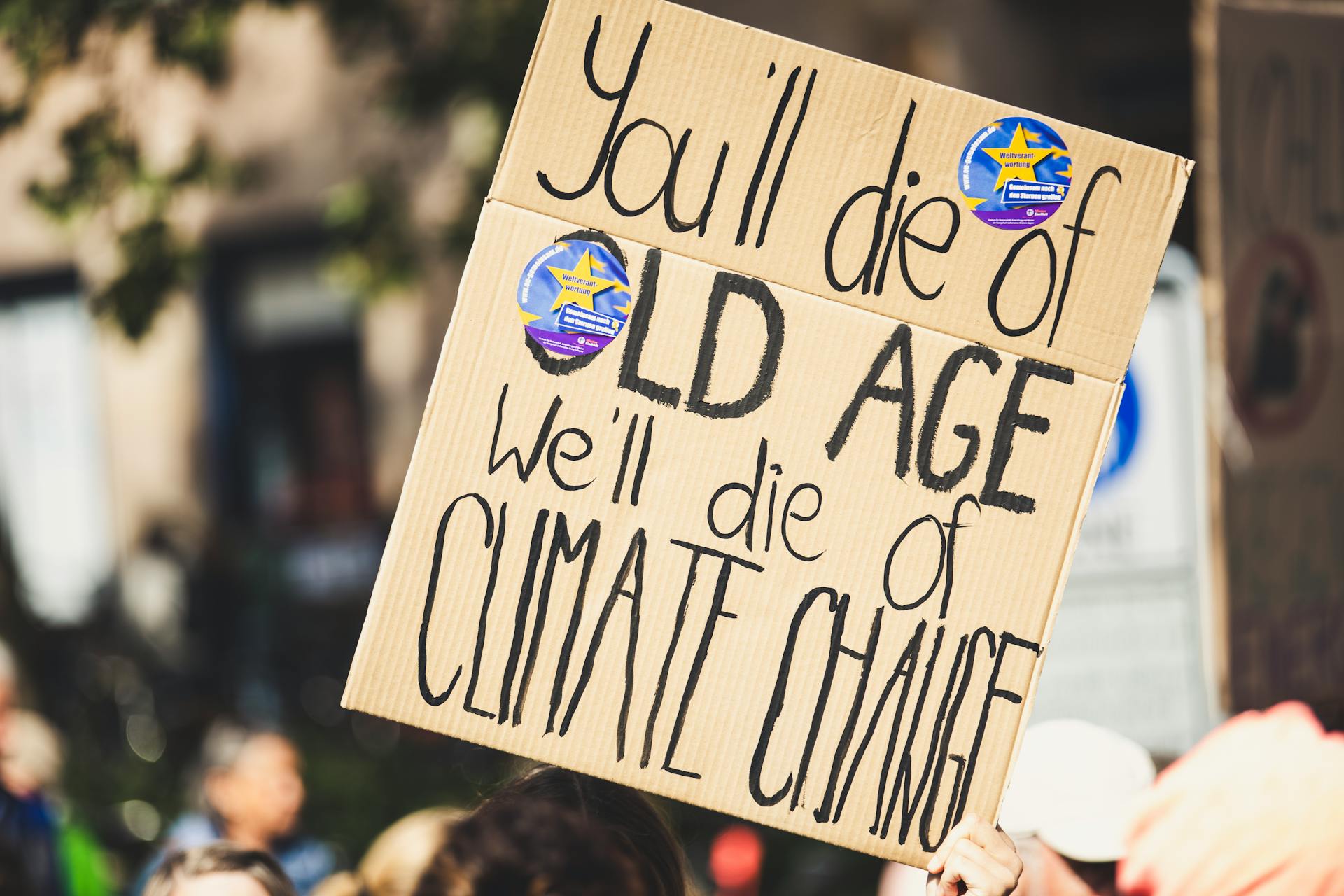 A protest sign highlighting climate change issues during a daylight rally.