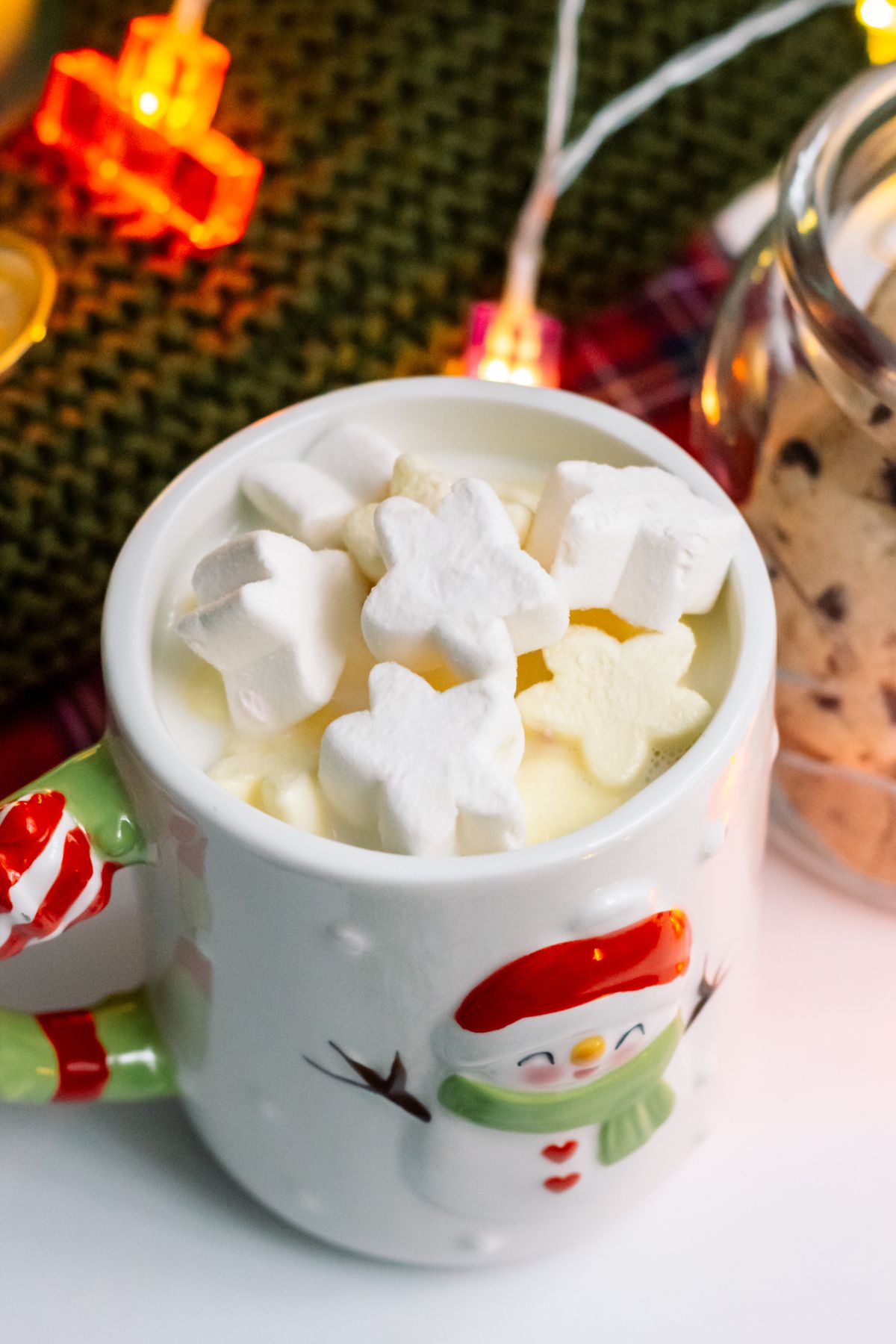 White hot chocolate topped with snowflake marshmallows