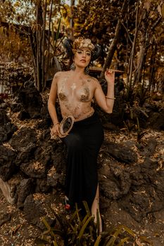 A surreal and artistic portrayal of a woman in a fantasy-inspired setting, embodying mystery and allure.