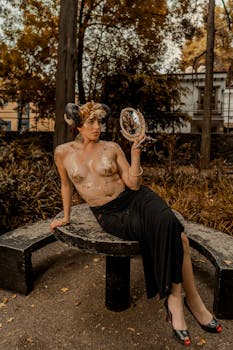 A mysterious surrealist portrait featuring a woman in artistic makeup posing in a park in Mexico City.