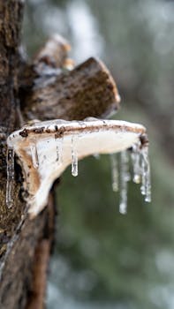 Detailed shot of fungus on tree bark with icicles, showcasing nature in winter.