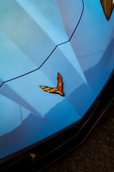 Detailed shot of a blue sports car hood with a distinctive emblem.