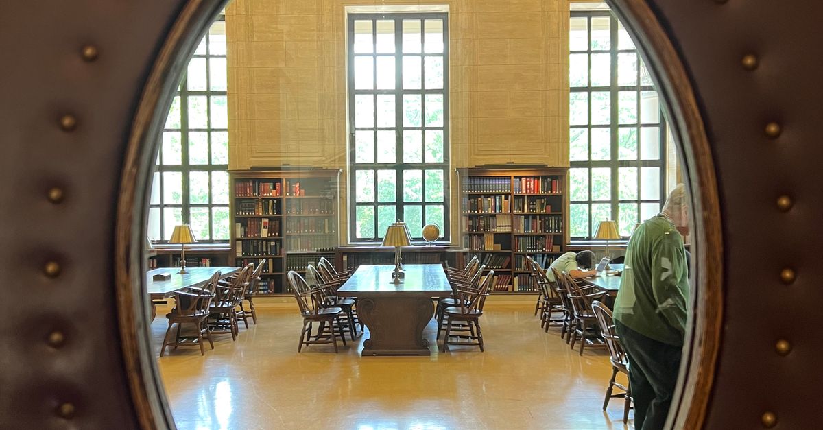 Academic Library Interior Viewed Through Oval Window · Free Stock Photo