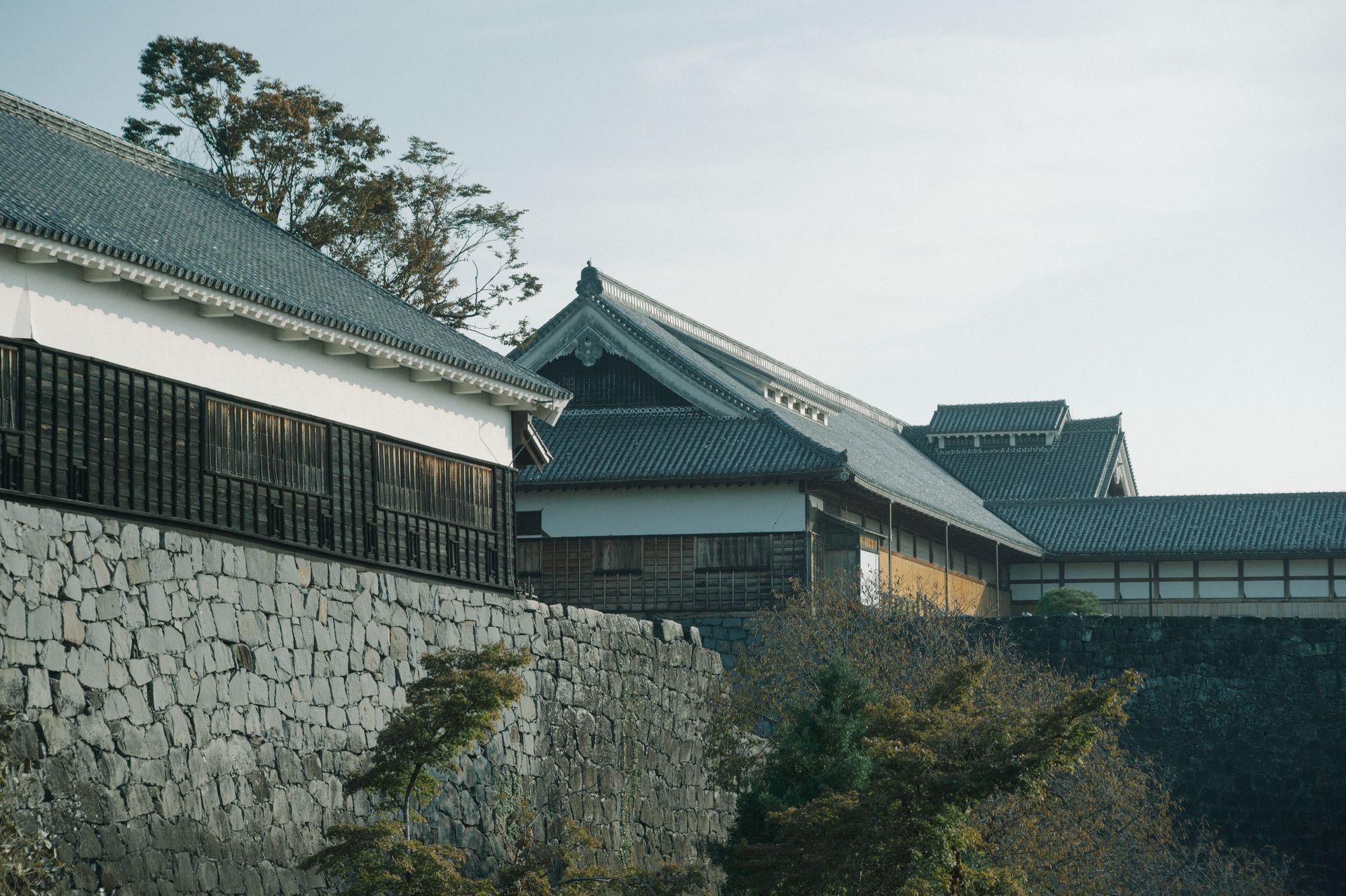 View of a traditional Japanese castle with stone walls and historic architecture in Japan.