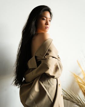 Artistic portrait of a woman in a stylish jacket with soft lighting and neutral tones.