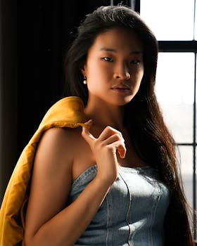 A serene portrait of a woman standing by a window with soft lighting.