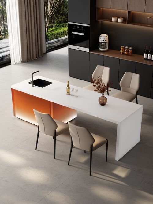 Free Sleek modern kitchen with minimalist design, featuring white countertops and contemporary chairs. Stock Photo