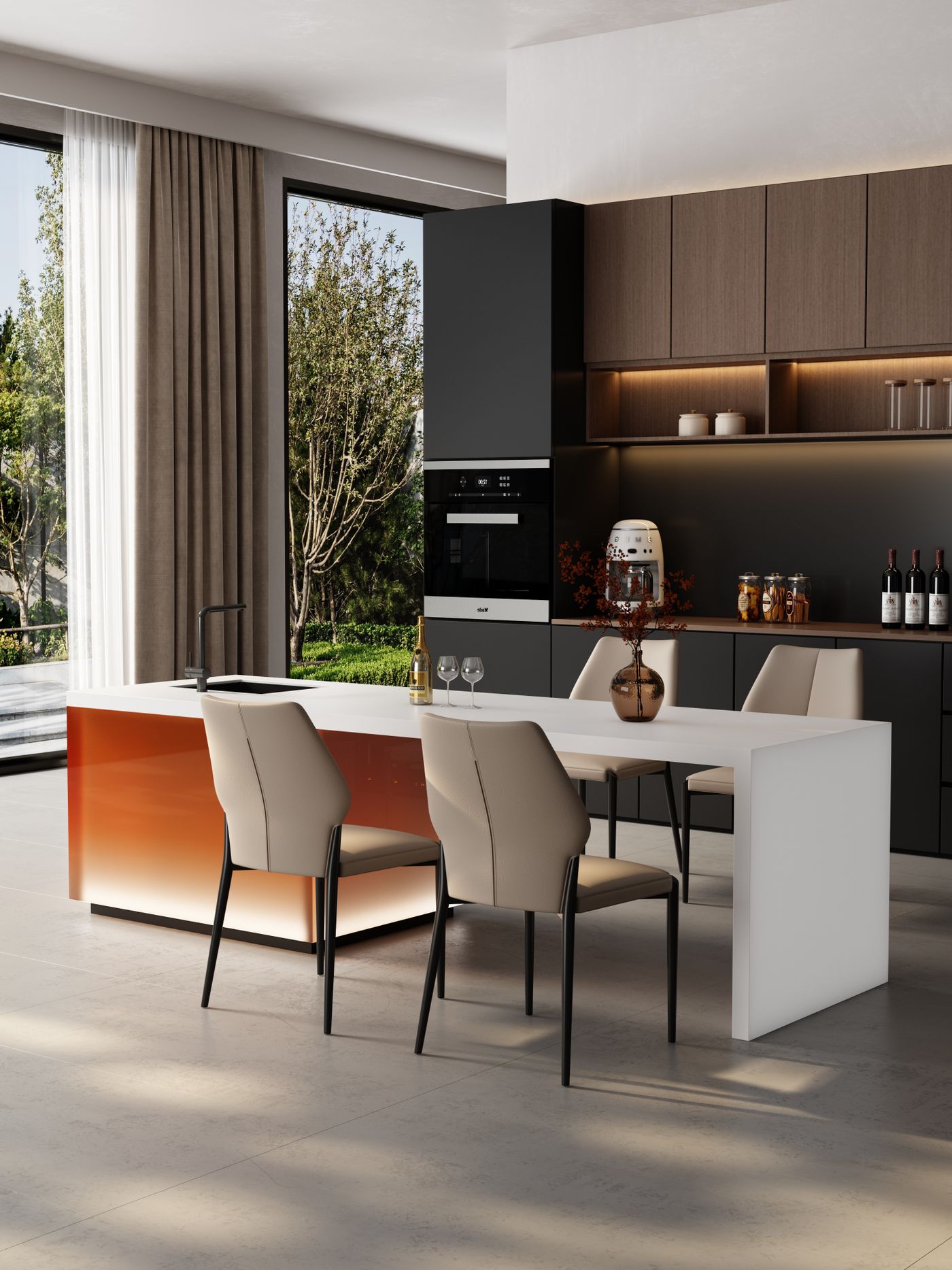 Modern designer kitchen interior with sleek minimalist cabinetry and natural light