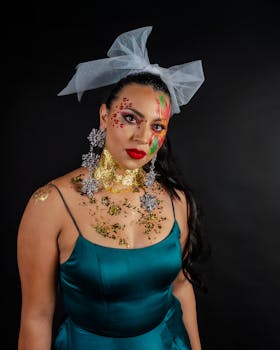 Creative portrait of a woman with artistic face paint and festive attire.