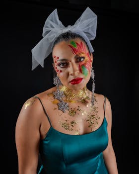 Elegant portrait of woman with vibrant makeup and unique style on a dark background.