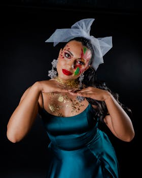 Colorful artistic portrait of a woman with festive makeup and attire, capturing the holiday spirit.
