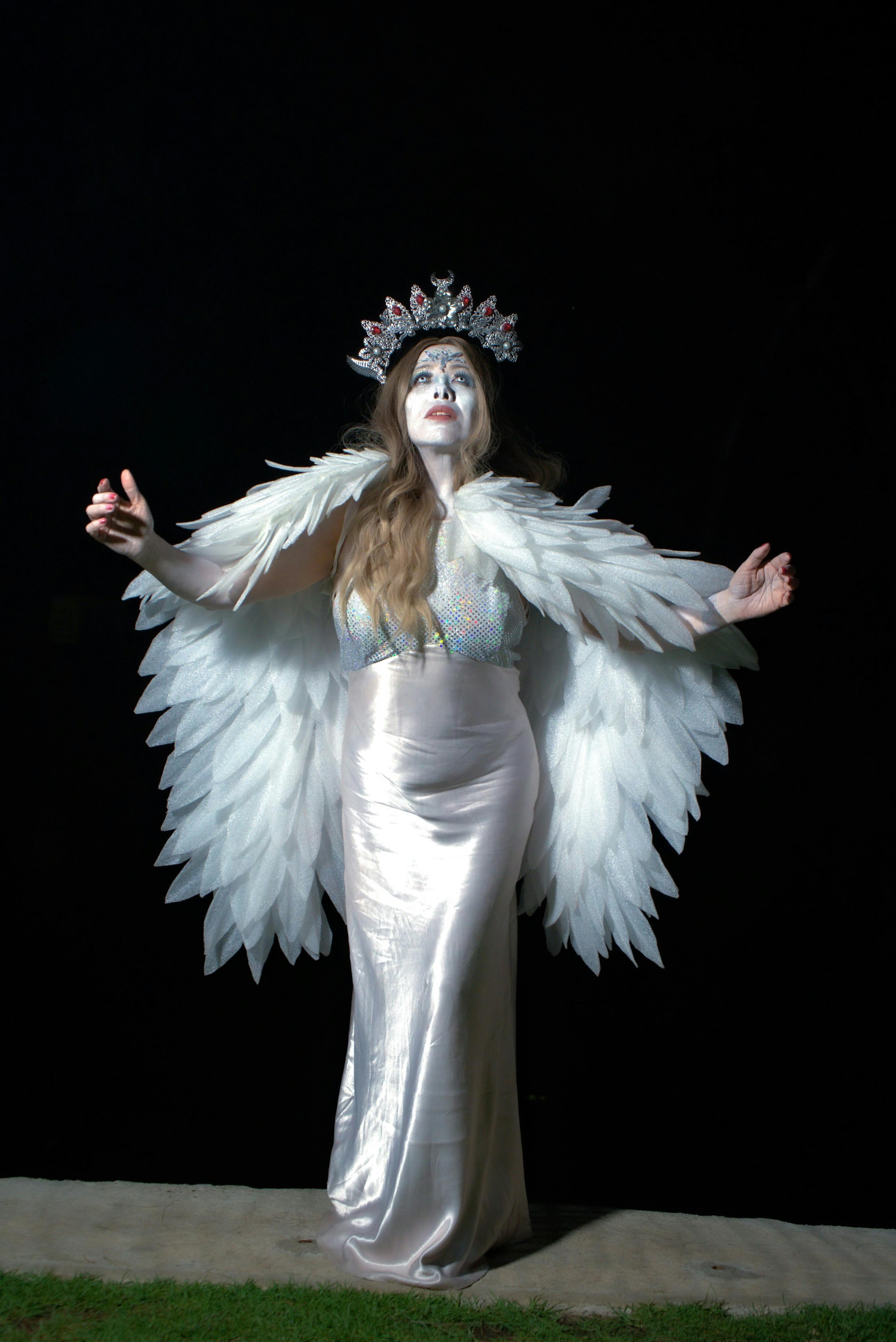 Ücretsiz Tüylü kanatları ve süslü tacı olan dramatik kostümlü bir kişinin sanatsal portresi. Stok Fotoğraflar