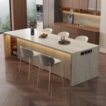 Sleek and modern kitchen interior with elegant island counter and stylish decor.