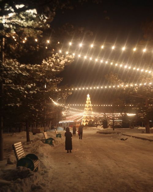 Free Magical evening in a winter park with festive lights and a towering Christmas tree, capturing the holiday spirit. Stock Photo