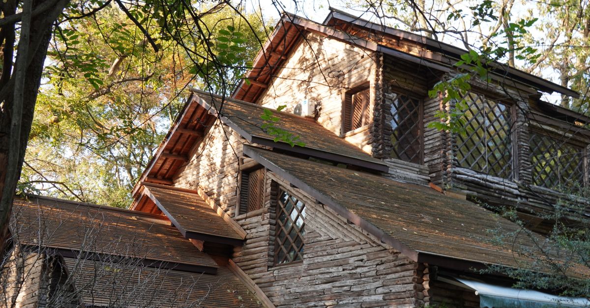 A charming wooden cabin nestled among trees, capturing a peaceful forest retreat.