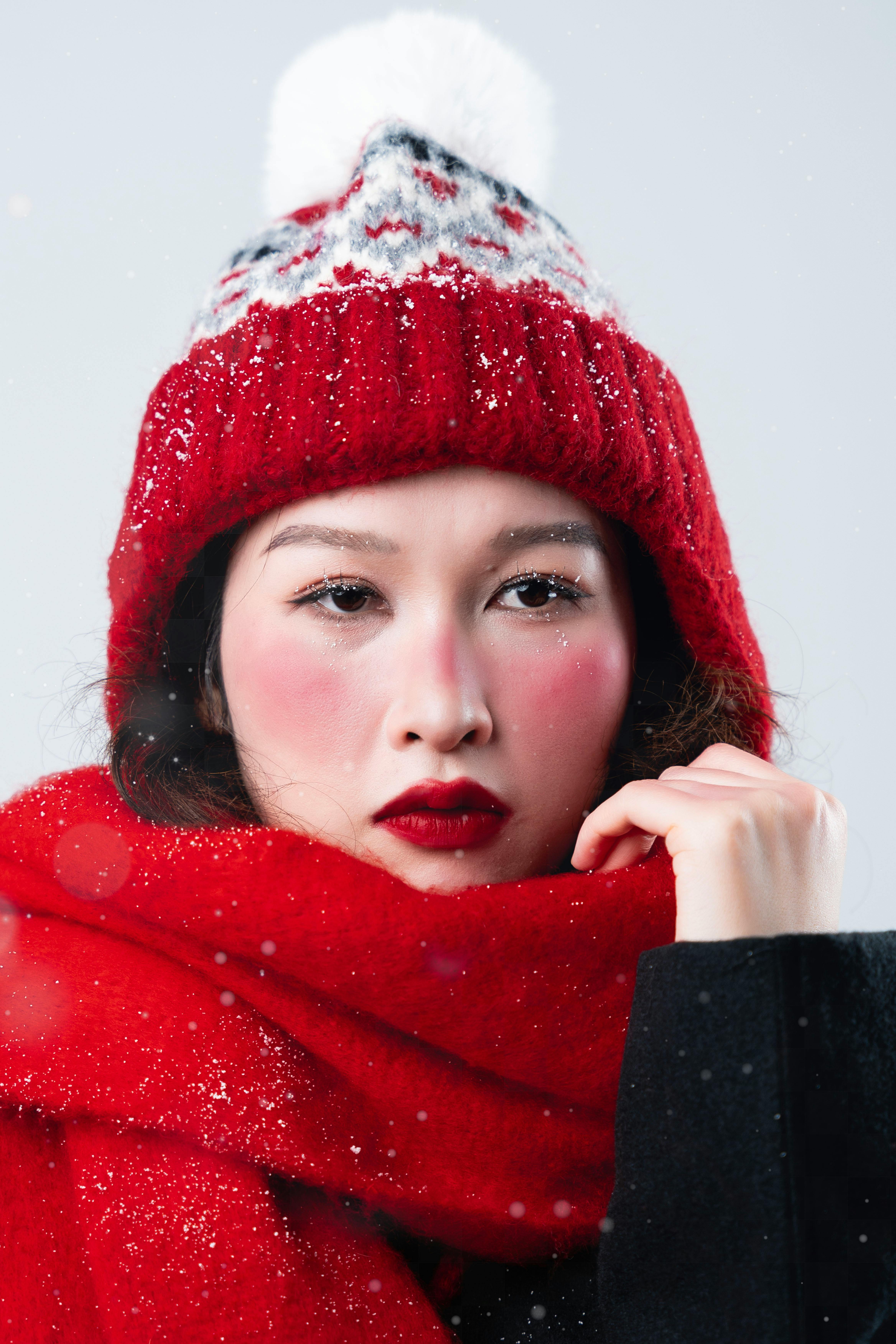 Winter Portrait of Woman in Red Knit Hat · Free Stock Photo
