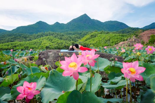 Serene yoga session amidst vibrant lotus fields in Hội An, Vietnam with stunning mountain backdrop.