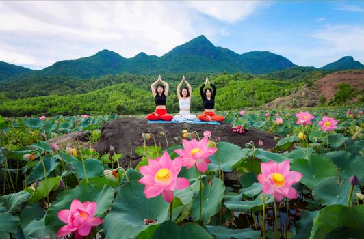 Three women practicing yoga in a colorful lotus field in Hội An, Vietnam, surrounded by lush mountains.
