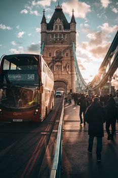 Stunning view of Tower Bridge in London with a red double-decker bus at sunset.