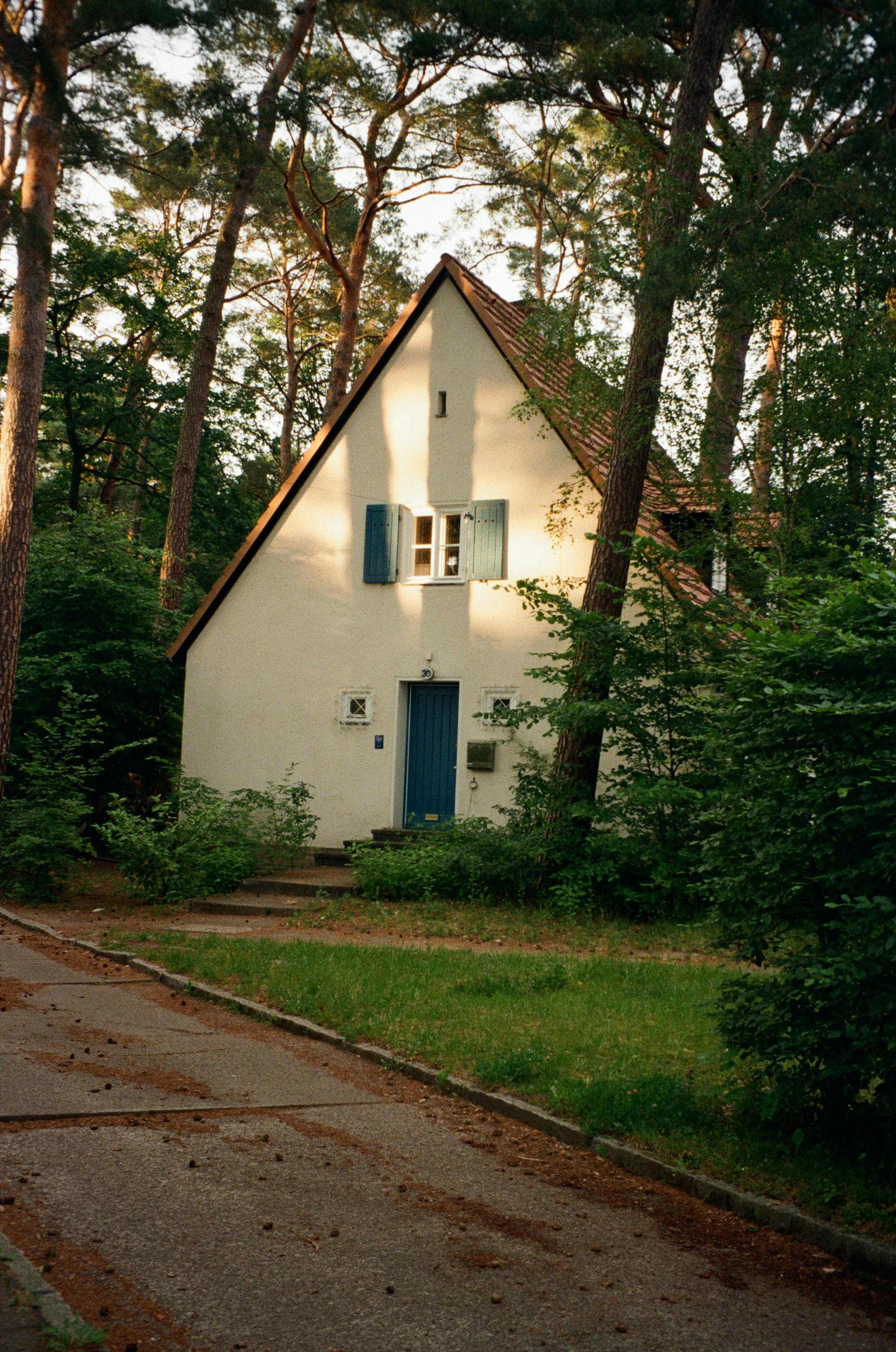 A quaint white cottage nestled among tall trees with natural light.