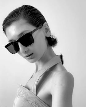 Elegant black and white portrait of a woman wearing sunglasses with a modern look.