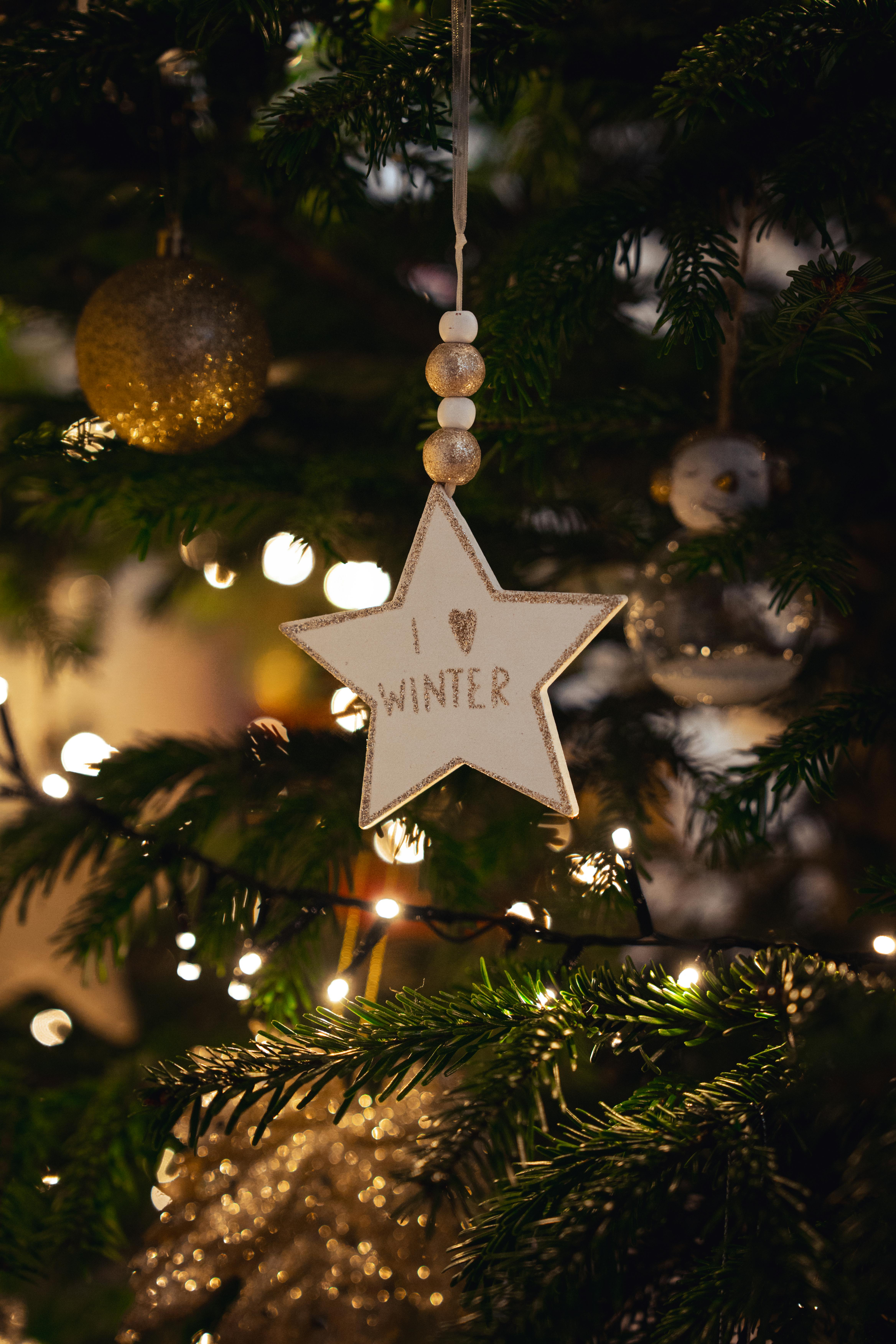 Star-shaped 'I Love Winter' ornament hanging on a Christmas tree with lights.