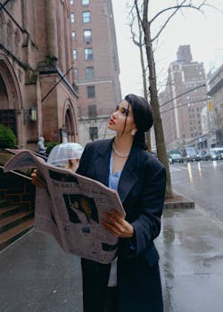 Stylish woman reads newspaper outside during rainy city day.