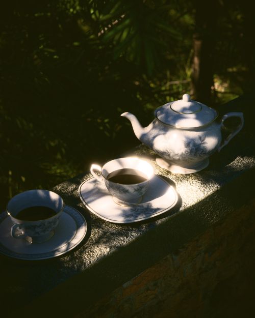 Free Serene outdoor scene with elegant tea set in dappled sunlight, perfect for a tranquil moment. Stock Photo