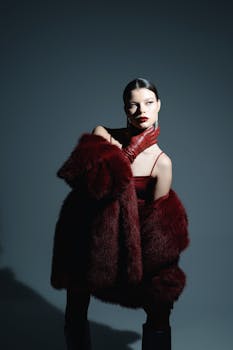Striking fashion portrait of a model in a luxury fur coat with dramatic lighting.