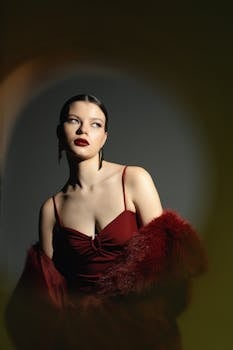 Elegant fashion portrait of a model in deep red attire with dramatic lighting.