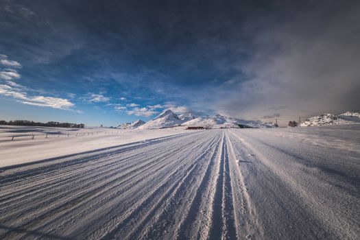 Expansive snowy landscape with distant mountains under a bright blue sky, showcasing winter's beauty.