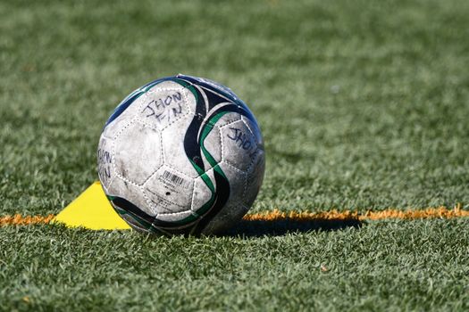 Close-up of a soccer ball resting on a grass field with a yellow marker.