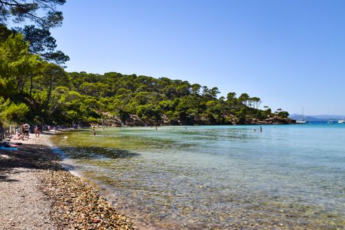 Free Serene beach with lush greenery and turquoise waters in Hyères, France Stock Photo