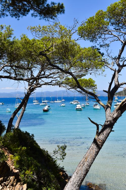 Free Picturesque boats anchored near Porquerolles Island, France under bright blue skies. Stock Photo