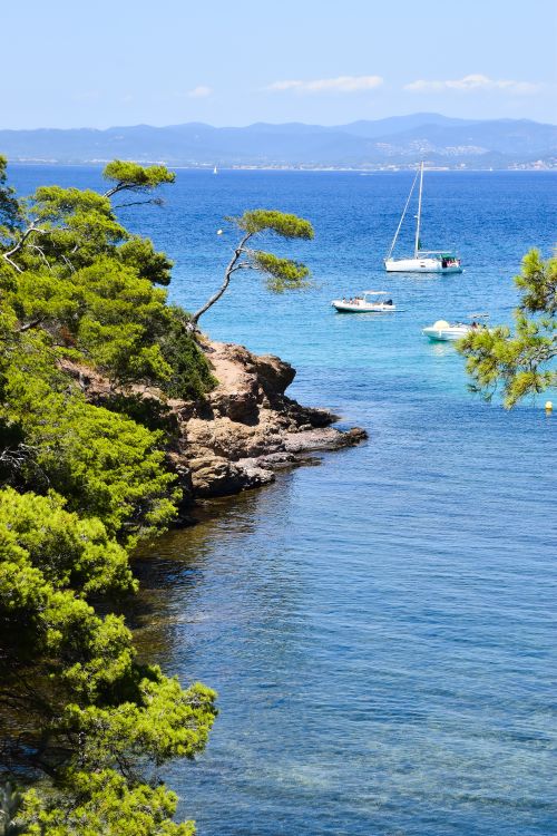 Free Tranquil seaside view with boats and lush greenery on Porquerolles Island, France. Stock Photo