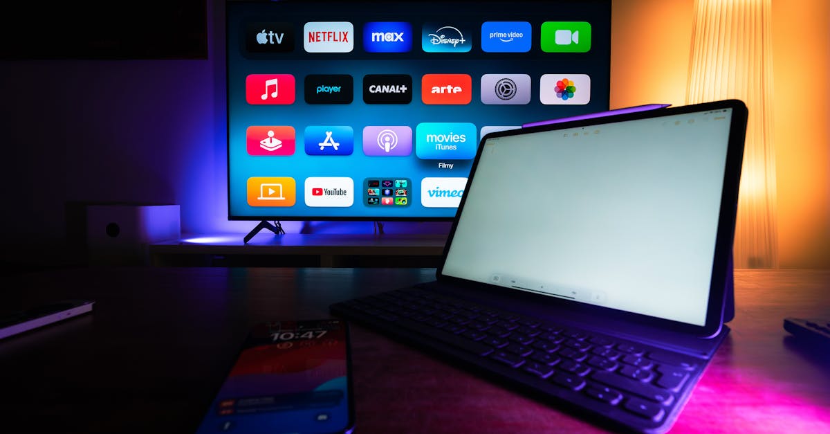 A modern home setup with a smart TV and tablet displaying various streaming apps, highlighting the digital lifestyle.