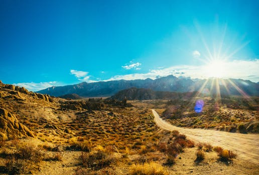 Vast desert landscape with sunlit road leading toward distant mountains under a clear sky.