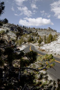 在晴朗的日子里，蜿蜒的道路穿过布满树木的岩石山脉