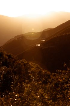 山景在黄金时段，道路蜿蜒，树叶郁郁葱葱