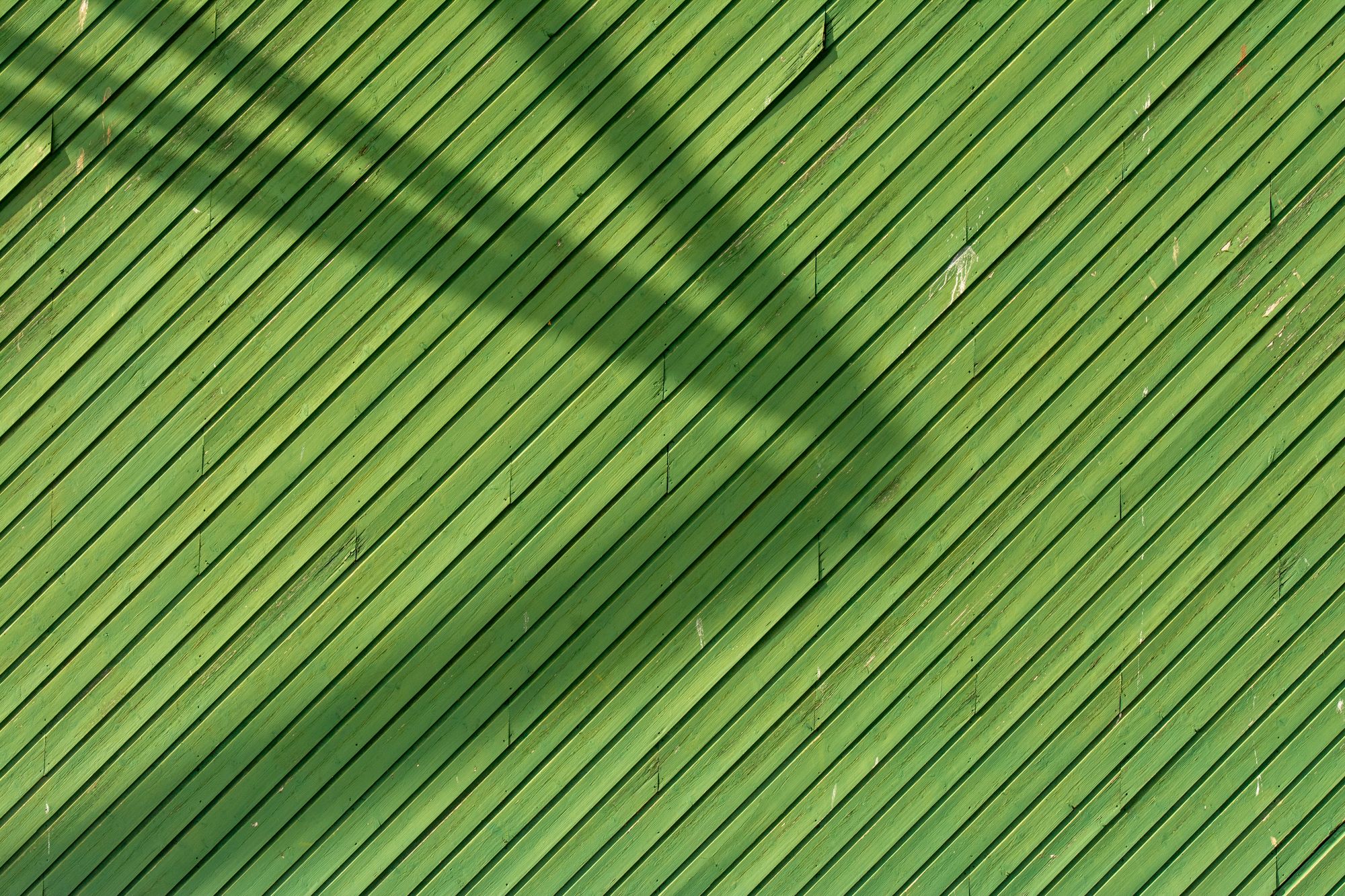 Green wooden slats with diagonal shadows