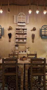 Warm rustic dining room featuring vintage decor and cozy ambiance. Ideal for homely settings.